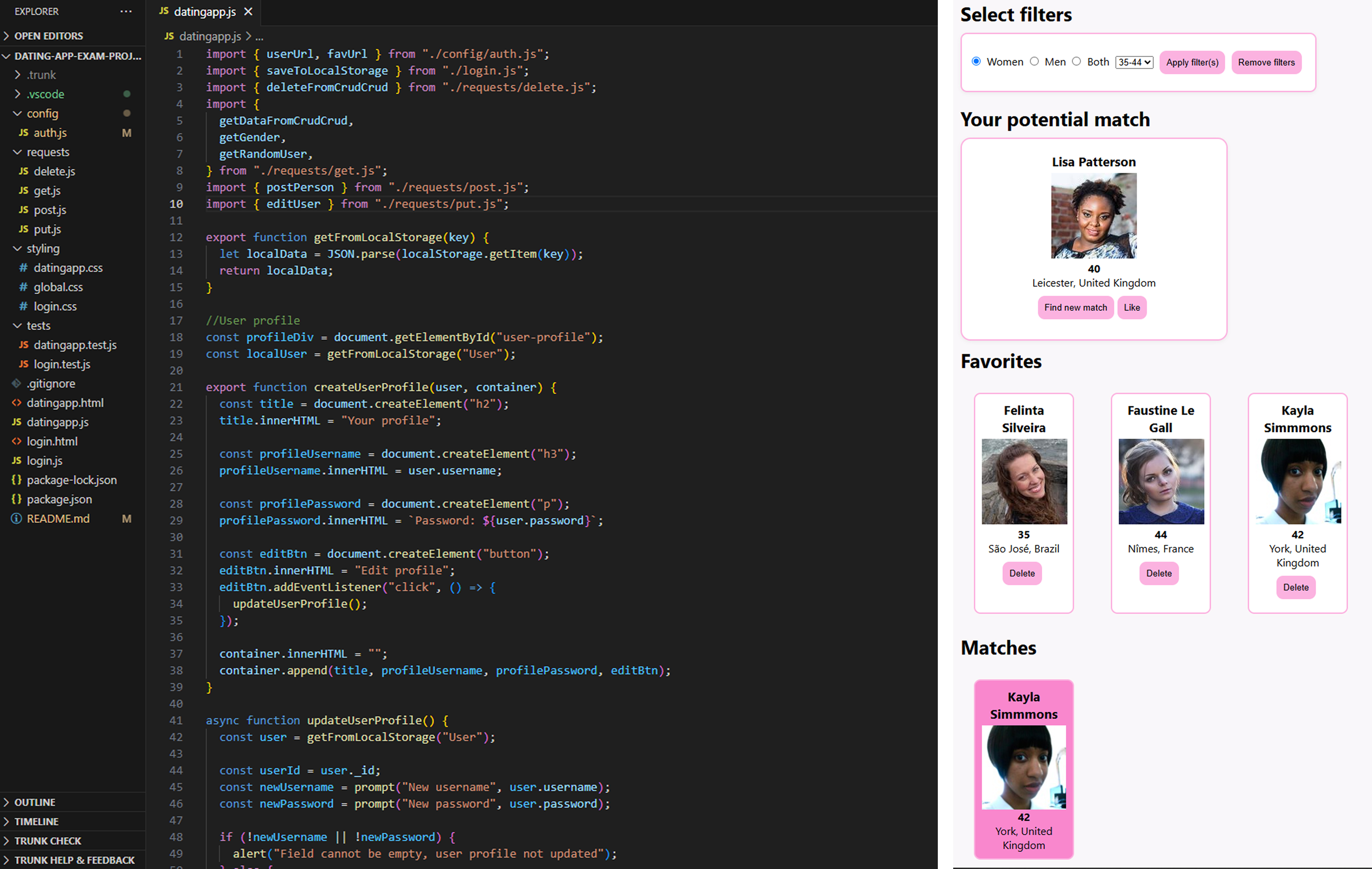 Screenshot of VSCode setup and datingapp UI