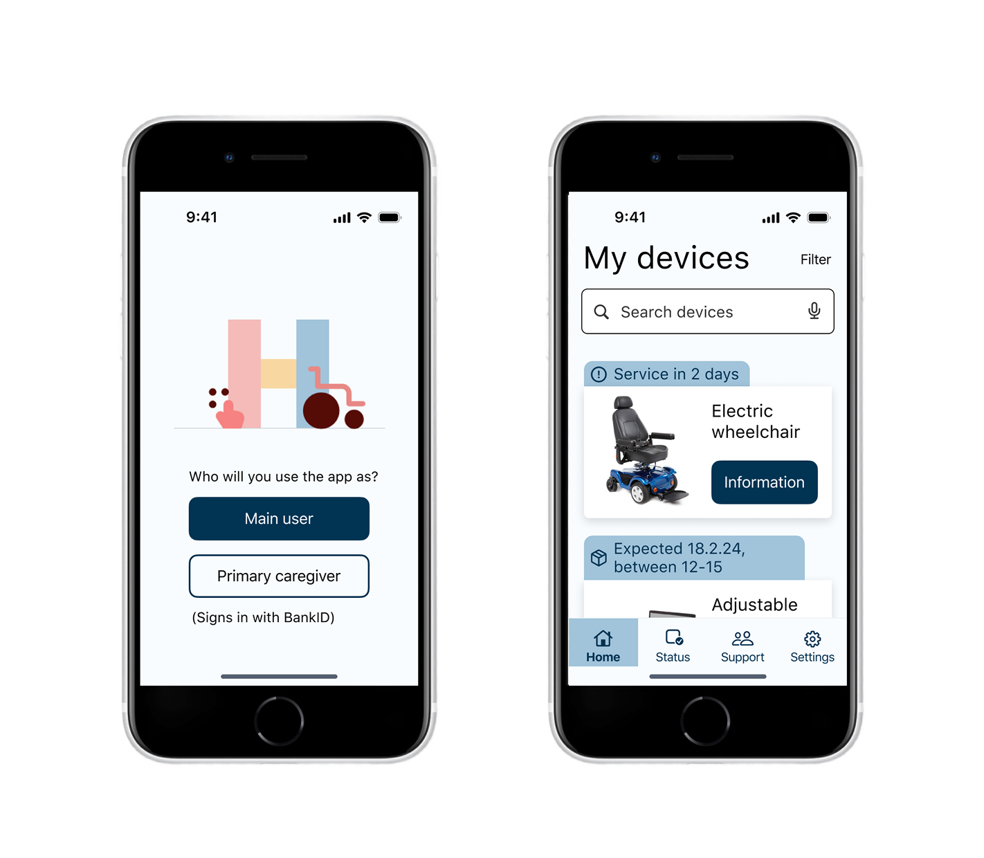 Mobile screenshots of login page and home page for My Devices